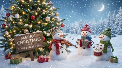 Three cheerful snowmen play violin, accordion and drum beside an illuminated christmas tree, wooden merry christmas sign and wrapped gifts on a snowy, moonlit night