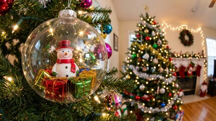 Snowman ornament with small presents inside hanging on a decorated christmas tree, with another festive tree and fireplace mantel in a home background during holiday season