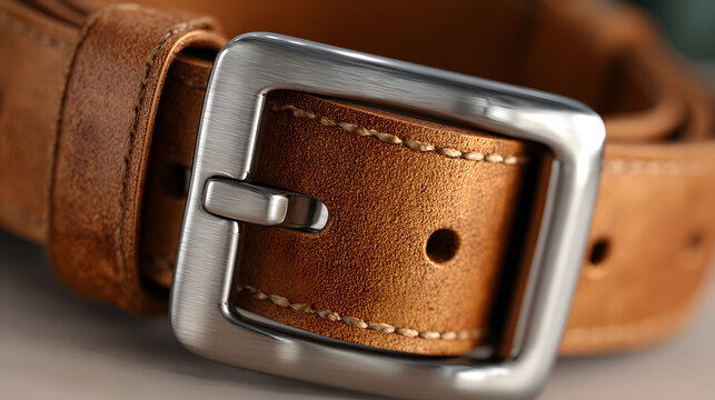 Close up of leather belt with metallic buckle, showcasing detailed stitching and texture. polished buckle contrasts with rich brown leather, highlighting craftsmanship