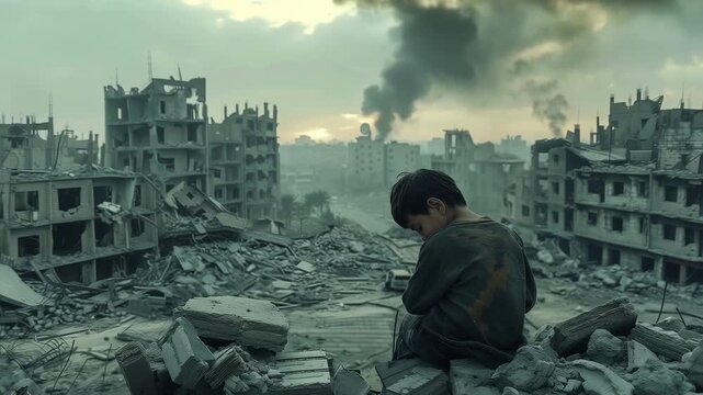 A Young Boy Sits Alone on a Pile of Rubble, Gazing Over a Devastated Cityscape Shrouded in Smoke