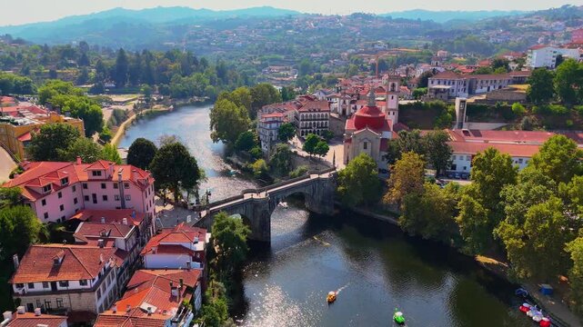 Amarante, Portugal from Above &ndash; Cinematic Drone View of Historic Bridge, Old Town and Riverside Landscape. Portugal Landmarks