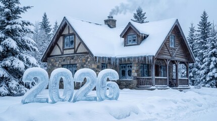 Ice sculpture numbers 2026 stand in deep snow before a cozy stone-and-wood cottage with icicles, smoke from the chimney, and snow-covered pine trees in a festive winter scene