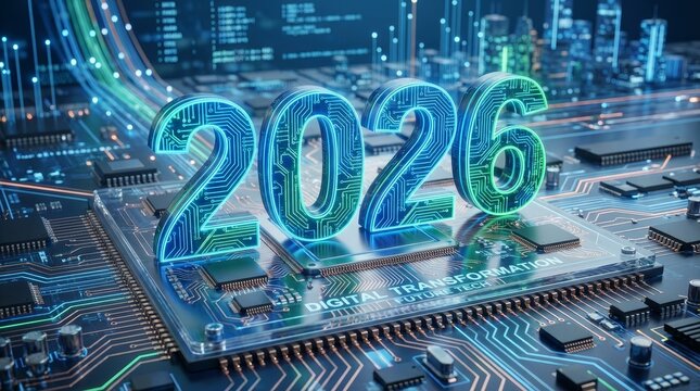 Number 2026 glows with circuit patterns, embodying digital transformation and future technology on an advanced motherboard with data streams in a city background, representing innovation and growth - Powered by Adobe