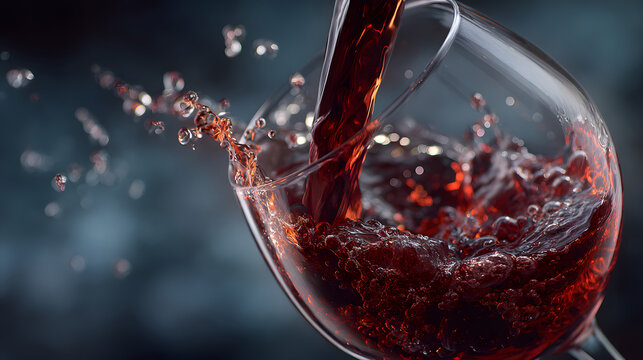 Wine glass is filled with red wine, capturing dynamic splash and rich color against dark background, evoking sense of elegance and indulgence