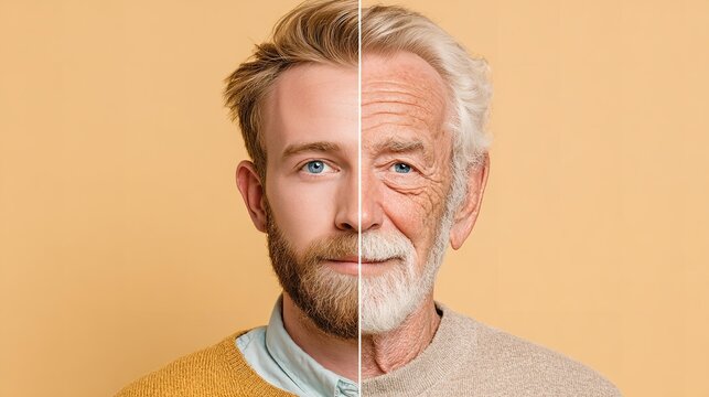 A man with one young half of face and another old .