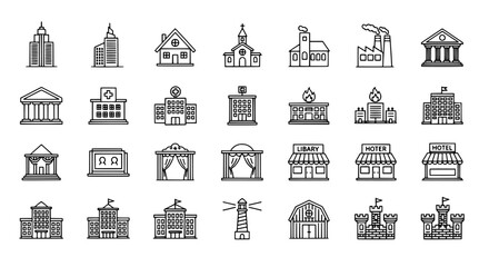 Collection of Building Icons Representing Architecture and Structures