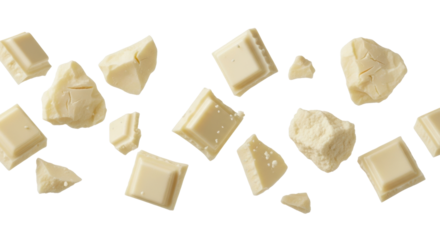 Creamy white chocolate pieces, smooth squares, rough fragments, and fine crumbs scattering mid-air against a bright white studio background with soft shadows, confectionery advertising