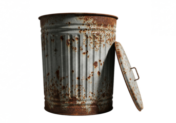 A heavily rusted and weathered old metal trash can with a detached lid leaning against it isolated on transparent background