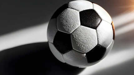 Classic black and white soccer ball with detailed texture casts sharp shadow on smooth surface, illuminated by warm light source