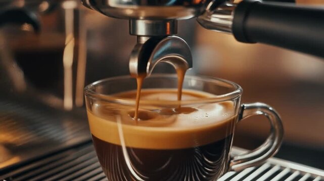 Aromatic double espresso shot being extracted from a professional coffee maker into a clear glass cup, highlighting the rich, dark crema