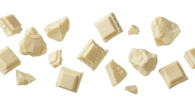 Creamy white chocolate pieces, smooth squares, rough fragments, and fine crumbs scattering mid-air against a bright white studio background with soft shadows, confectionery advertising