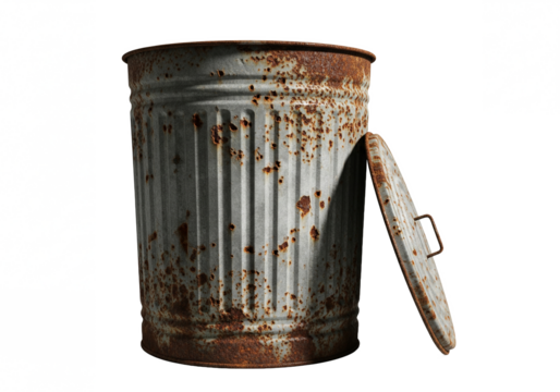 A heavily rusted and weathered old metal trash can with a detached lid leaning against it isolated on transparent background