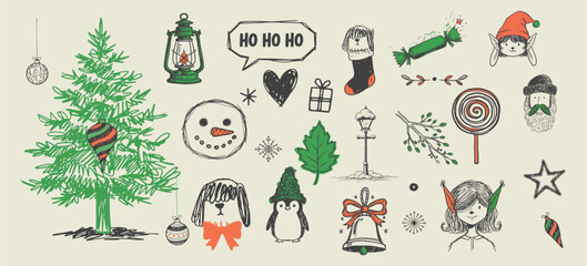 Whimsical Christmas Scrapbook Stickers – Hand-Drawn Retro Holiday Doodles, Vintage New Year Party Collage Elements Set