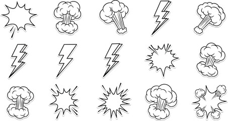 Collection of black and white cartoon explosion lightning and starburst effects