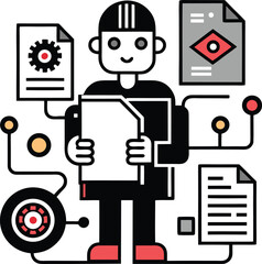 Human scanning paper ai digitizing data black vector isolated on transparent background