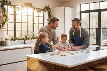 Happy men couple and children celebrating Christmas and together bake cakes on bright modern kitchen.. Diversity human relationships, warm family relationships, lifestyle