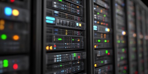 A row of computer servers with green lights on them
