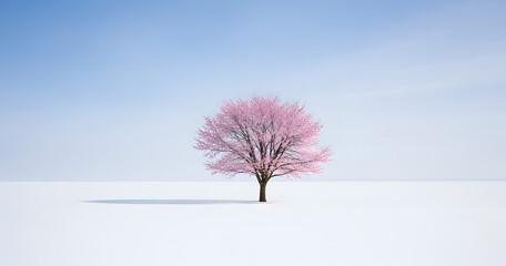 A solitary pink blooming tree stands against a vast clear blue sky on a snow covered landscape