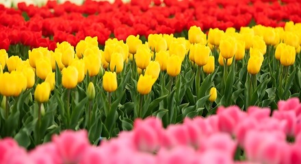 Obraz premium Rows of vibrant red, yellow, and pink tulips in full bloom, a spring spectacle