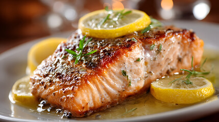 Grilled salmon fillet with lemon slices and herbs on plate, showcasing delicious and healthy meal option. golden brown crust and fresh garnish enhance its appeal