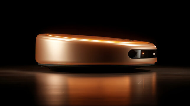 Sleek, futuristic robot vacuum cleaner with metallic finish is showcased against dark background, highlighting its modern design and advanced technology