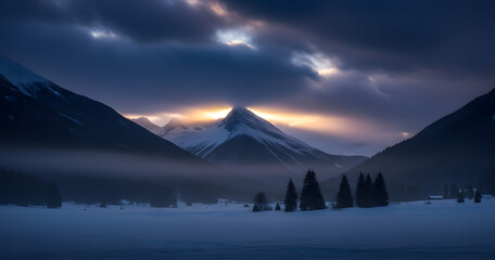 Dramatic mountain peak illuminated by golden sunset light piercing through dark moody clouds over a snow covered landscape