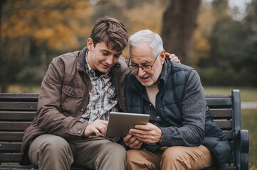 Grandfather and grandson sharing tablet moment surrounded by warm autumn park colors