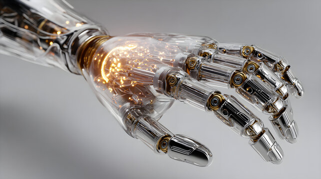 Futuristic prosthetic limb with transparent casing reveals intricate mechanical components and glowing elements, set against clean, neutral background