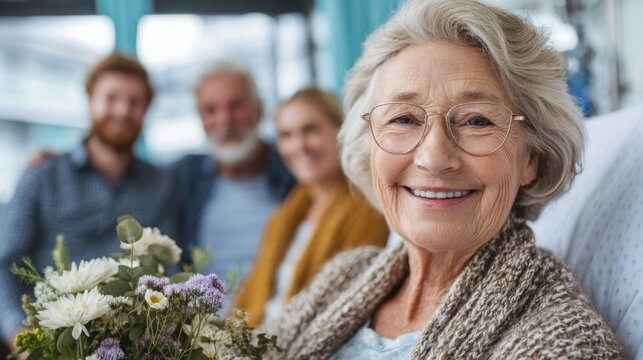 Elderly woman smiles with flowers surrounded by family in hospital setting during a moment of joy and affection - Powered by Adobe