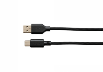 Close up of a black usb a to usb c charging cable with connectors visible isolated on transparent background