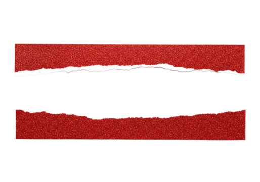 Two torn strips of vibrant red textured paper with rough ripped edges creating a dark gap between them isolated on transparent background