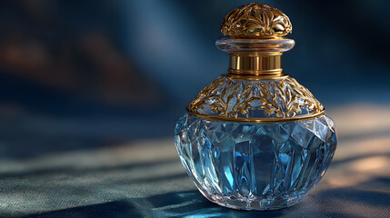 Elegant perfume bottle with intricate gold detailing and crystal like design, set against soft, blurred background. luxurious appearance evokes sense of sophistication and allure