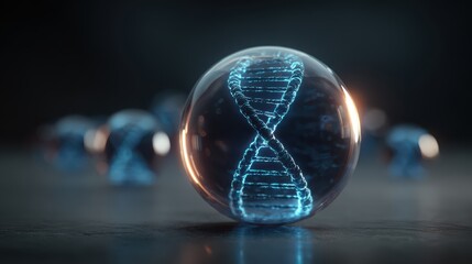 Blue and Transparent Sphere with DNA Helix Inside, Symbolizing Genetic Research, Biotech Innovations, and Scientific Discoveries in Genetics and Molecular Biology