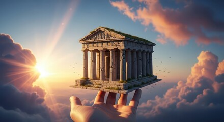Gigantic hand gently supports ancient stone temple structure floating amidst bright clouds at sunrise