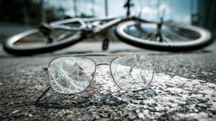 Naklejka premium Broken glasses near a fallen bicycle on a road under a clear sky in the afternoon sunlight