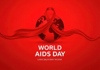 World aids day awareness ribbon wrapped around a globe on a red background, symbolizing global solidarity and support for those affected by hivaids