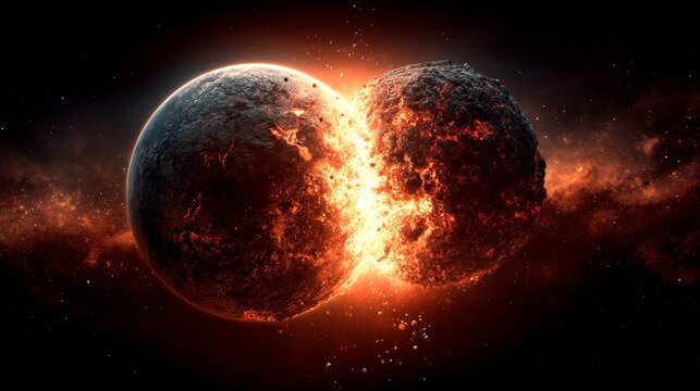 Two celestial bodies collide in a dramatic cosmic event showcasing the power of space forces