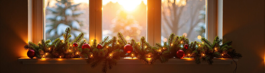 Golden hour sunlight filters through a frosted window onto evergreen garland with red ornaments and twinkling lights on a sill.