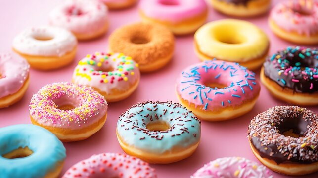 Assorted donuts pastel packaging sprinkled with colorful icing representing bakery food delivery concept