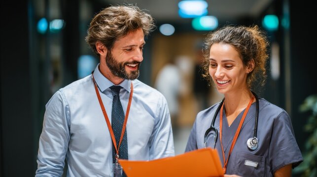 Healthcare professionals discussing patient files in a hospital corridor during daytime hours