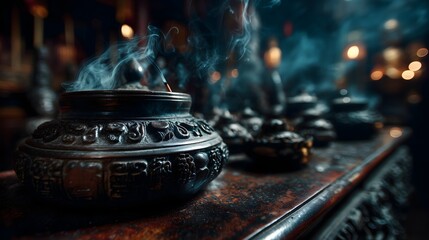 Buddhist incense burning in dark shrine low light atmosphere