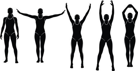 Athletic Female Silhouettes Performing Jumping Jacks Exercise Routine Isolated on White Background for Health, Fitness, Sport, and Workout Concepts, Full Body Length,