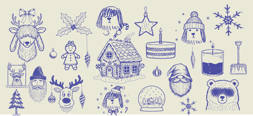 Cute Christmas Doodle Sticker Pack &ndash; Vintage Scrapbook Collage Elements, Retro New Year Party Icons & Hand-Drawn Winter Decor