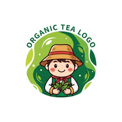 Cute organic tea farmer holding fresh leaves in eco friendly logo