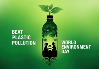 World environment day concept with silhouette of children planting tree in plastic bottle to beat plastic pollution on green background