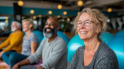 Participants enjoy a yoga class focused on mindfulness and relaxation in a bright, lively studio setting