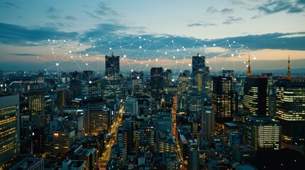 Obraz premium Futuristic Urban Cityscape with Glowing Networks and Tall Apartments at Dusk, Showcasing Connection