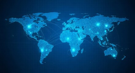 Global communication network illustration for telecommunication technology concept. World map with interconnected points highlighting data exchange for internet connectivity.