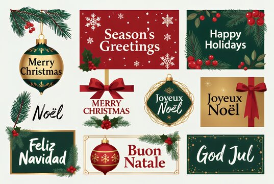 Multilingual Christmas Greetings: Festive Ornaments, Holly, and Holiday Signs