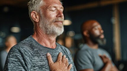 Men practicing mindfulness and breathing techniques during a relaxation session in a calm indoor environment